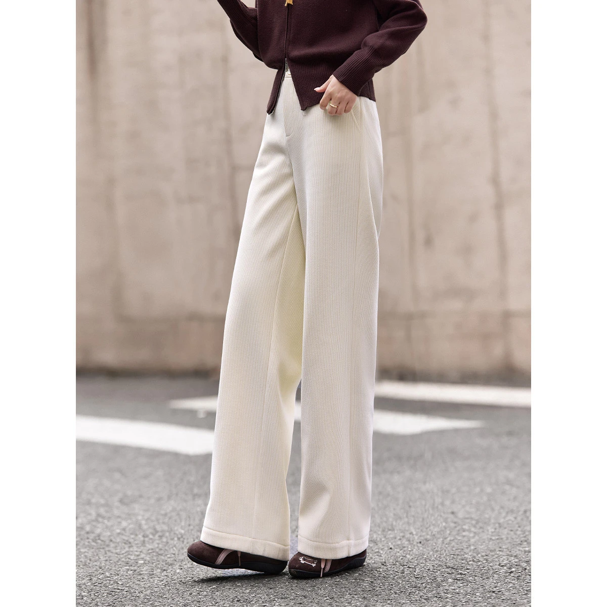 VIMLY Casual Women's Long Pants 2025 Apricot Corduroy Fleece Lined Wide Leg Trousers Winter Warm Cozy Office Lady Clothing A3312