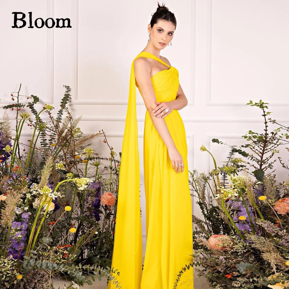 

Bloom Yellow One-Shoulder Formal Evening Dress Simple Ruched Elegant Cape Floor-length Sleeveless Wedding Party Dresses For Prom