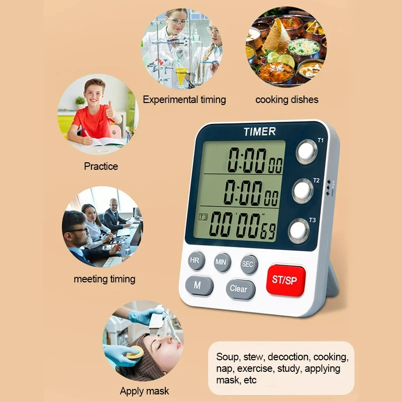 Digital Kitchen Timer 3 Channels Count UP/Down Timer 3 Levels Volume Alarm Clock LCD Display Mute Flashing Timer for Studying