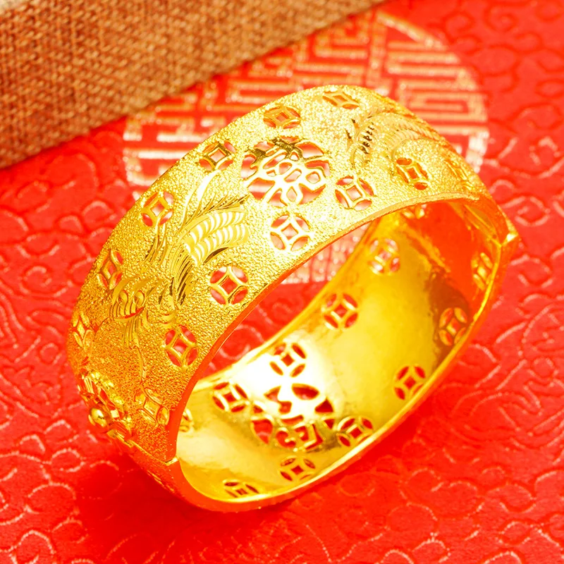 

AU999 Women's Dragon Phoenix Double Happiness Hollow Bangle 24K Gold - Gold enhances dignity, fits bridal aesthetic