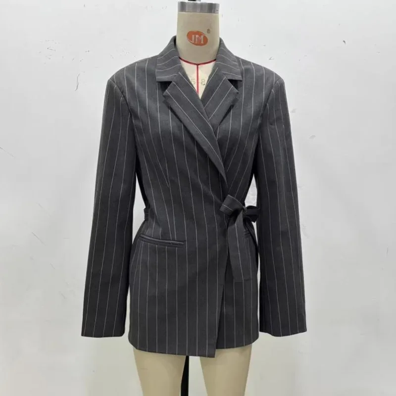 ANJY Spring Autumn New Women Niche Design Lace-Up Korean Style Elegant Striped Blazer Trend Casual Pleated Wide-Leg Pants A19914