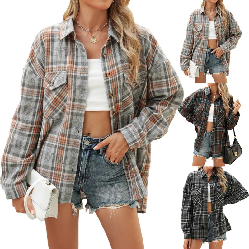 

2025Popular2025Popular European and American New Autumn and Winter New Collar Pocket Plaid Loose Long Sleeve Shirt Coat