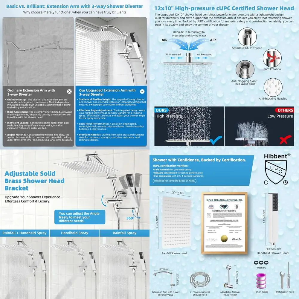 12 Dual Shower System with 4 Sprays, High-Pressure Wand, 16 Extension, 71 Hose, Holder, Chrome