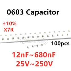 0603 SMD 캐패시터, 12, 15, 20, 22, 27, 33, 39, 47, 56, 68, 82, 100, 120, 150, 220, 270, 330, 470, 100 개 x7R 10%, 680NF, 25V, 50V, 100V, 250V