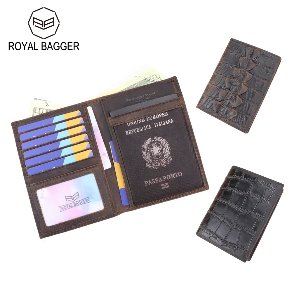 Royal Bagger Travel Passport Holder for Men Crazy Horse Leather Cowhide Vintage Wallet Purse Large Capacity Card Holders 1465