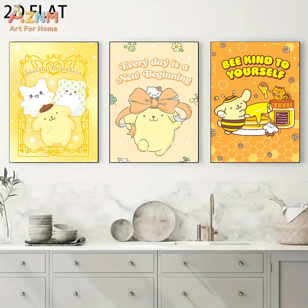 AZNM Pompompurin Frameless Canvas Wall Art, Honey Bee Bow Positive Quote Cute Cartoon Poster, Kawaii 2D Flat Print for Home Bedr