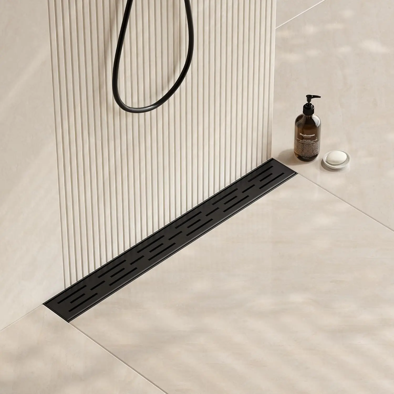 

Rectangular Linear Shower Drain in Matte Black with Brick Pattern Grate, 304 Stainless Steel for Modern Shower Design