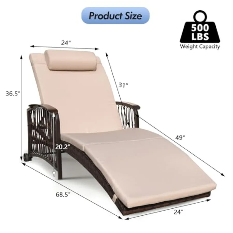 Outdoor Chaise Lounge Set of 2 Outdoor Wicker Rattan Patio Chairs Recliners with 5-Position Backrest and Thickened Cushions and