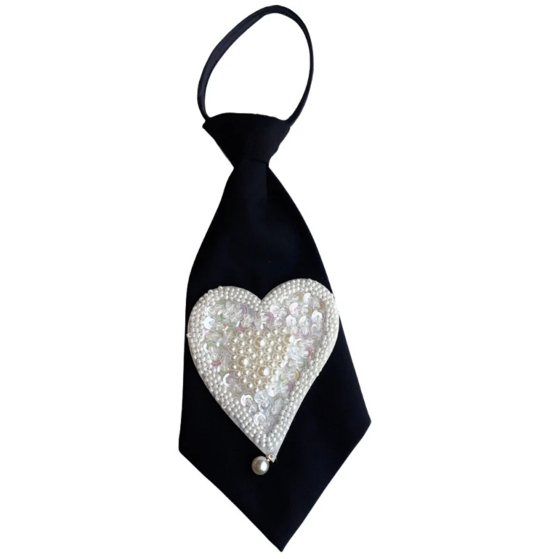 ZB Embroidery Heart Small Black Neck Tie with Sweet Sequins Pearl Beading Pretied Adjusted Necktie Bowtie for Women Uniform