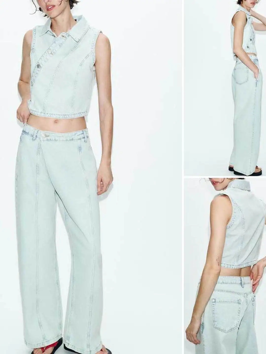 Fashionable Retro Denim Double-breasted Vest Low-waist Double-breasted Jeans Low-waist Fashion Set Women's Work Uniform