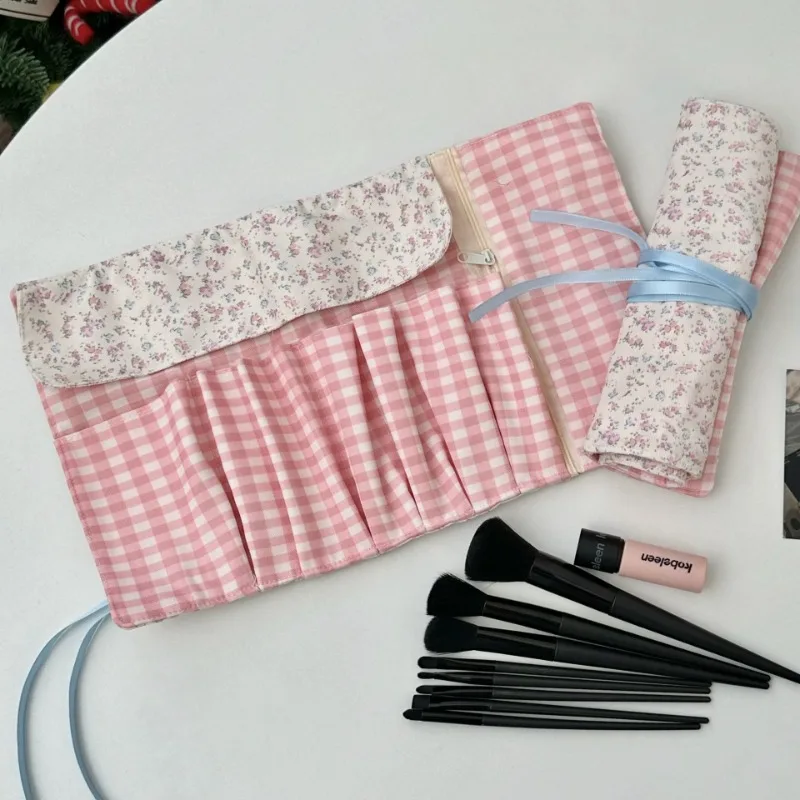 Aesthetic Spring Floral Roll-up Pencil Bags for Kids Girl Pink Beige Portable Student Pencil Pouch Large Capacity Pen Organizer