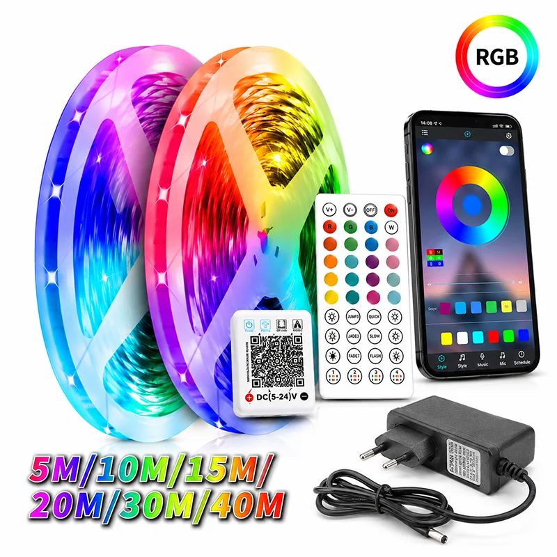 5M-40M RGB-Farbige Raumbeleuchtung mit Netzteil, Smart Bluetooth APP-Steuerung LED-Streifenlicht, Musik-Synchronisations-Flexibles LED-Lampenband