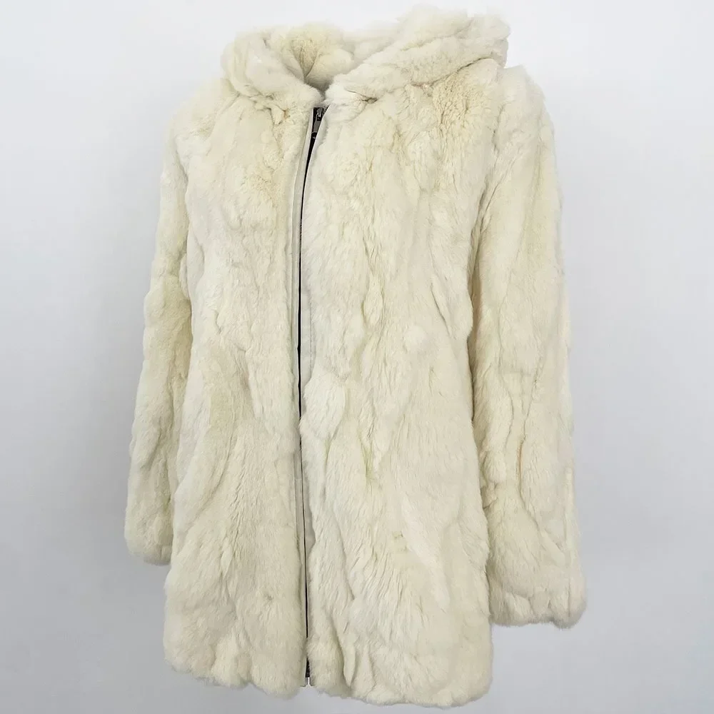 Real Fur Jacket Lady Mid-lenght Warm Hooded Natural Rabbit Fur Coat Female 2024 New Autumn Winter Real Rabbit Fur Jacket Women