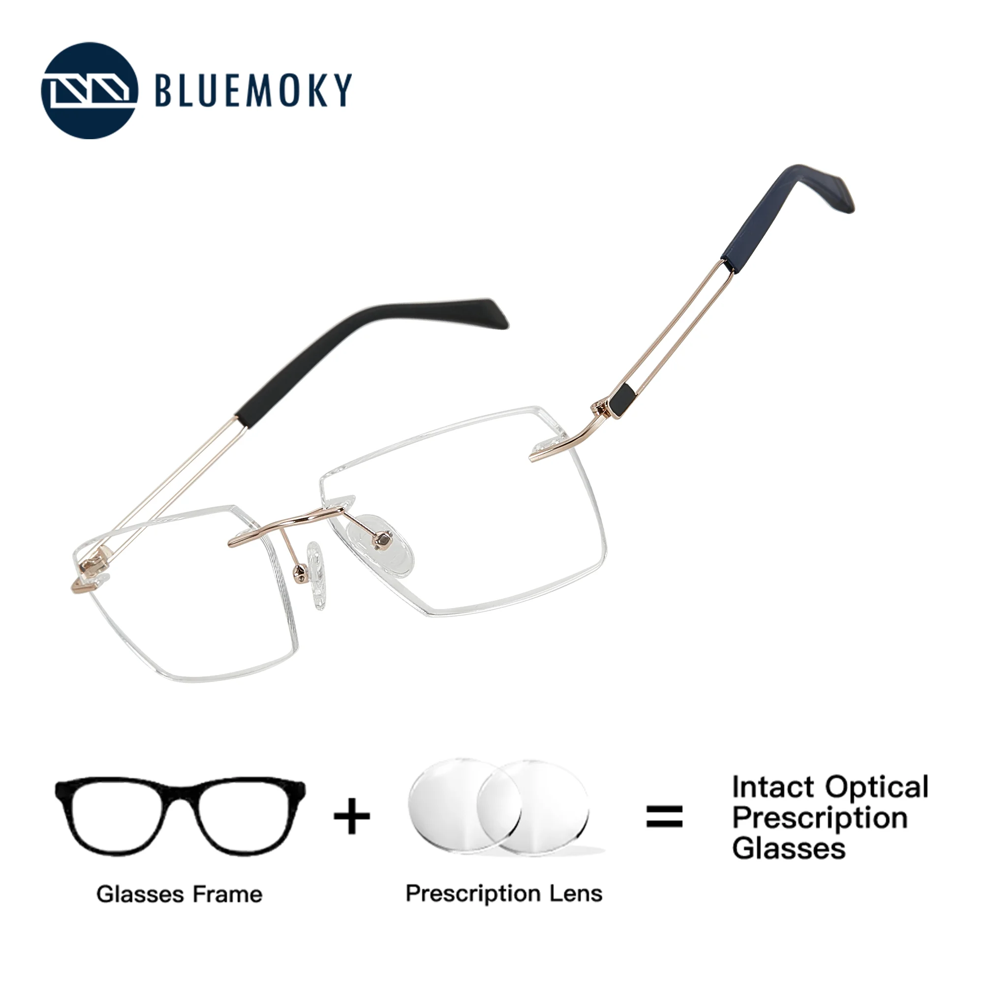 

BLUEMOKY (M Size) Metal Rimless Square Prescription Multifocal Eyeglasse Men Transparent Eyepieces Anti Blue Light Photochromic