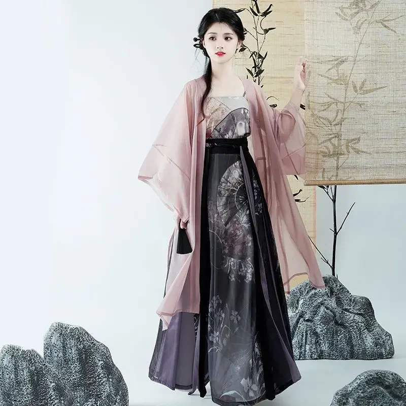 

Женское платье Hanfu в старинном китайском стиле, костюм для косплея, стильные и винтажные летние комплекты из 3 предметов, трикотажная одежда, параллельное платье