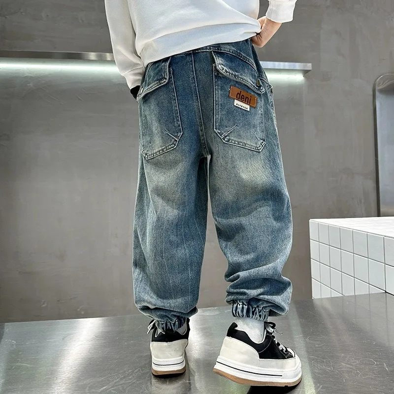 UNITIM 2026 Autumn Kids Boys Jeans Loose Sticker Pockets Children Boys Wide Leg Pants Casual Elastic Waist 4-14Yrs Boys Trousers