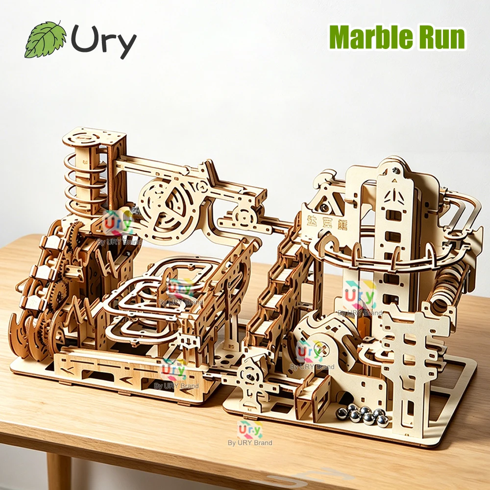 Ury Wholesale 3D Wooden Puzzles Electric Catapult Track Device Marble Run Sets Mechanical Model  Assembly Christmas Present Gift