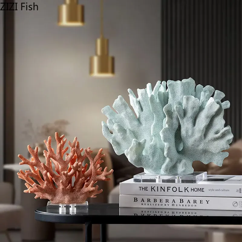 

Creative Simulated Coral Resin Crafts Transparent Base Coral Statue Desk Decoration Ornaments Modern Home Decor Furnishings