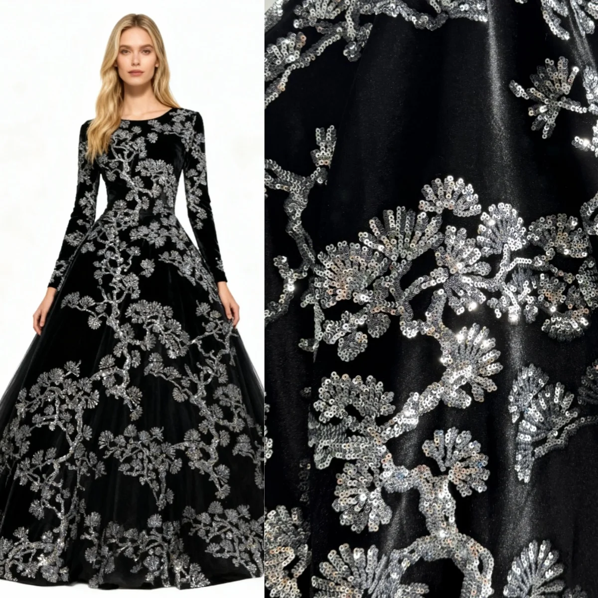 

Autumn and winter silver pine embroidery sequin fabric sewing top vest qipao evening dress DIY designer fabric