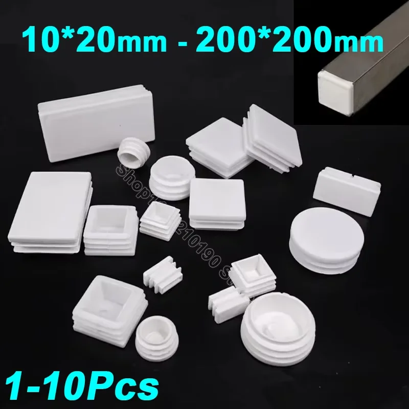 Rectangle/Square White Plastic Blanking End Cap Steel Pipe Tube Inserts Plugs Bung Furniture Table Feet Pad 10x20mm to 200x200mm