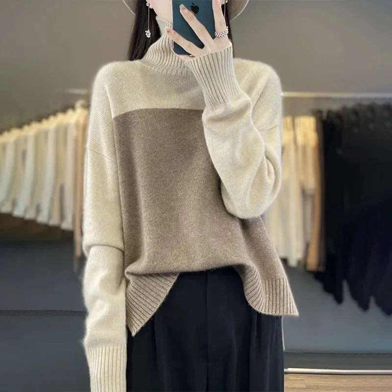 Autumn And Winter Fashion New High-necked Color Matching Women's Thick Sweater Fashion Loose Slim Temperament Beautiful Sweater