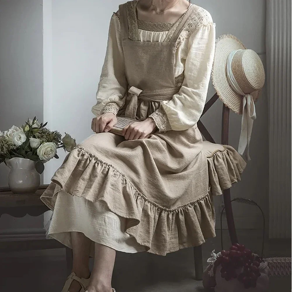 Retro średniowieczne bawełniane lniane fartuchy kuchenne dla kobiet sukienka kwiat sklep bluza fryzjer śliniaczek ogrodowy ogólnie