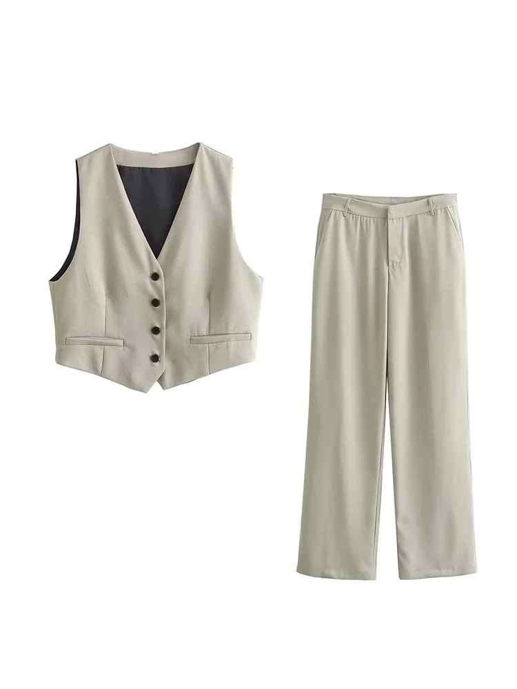 Women's Solid Colour Hundred Slimming Suit V-Neck Single Breasted Vest High Waisted Straight Pants Women's Fashion Suit