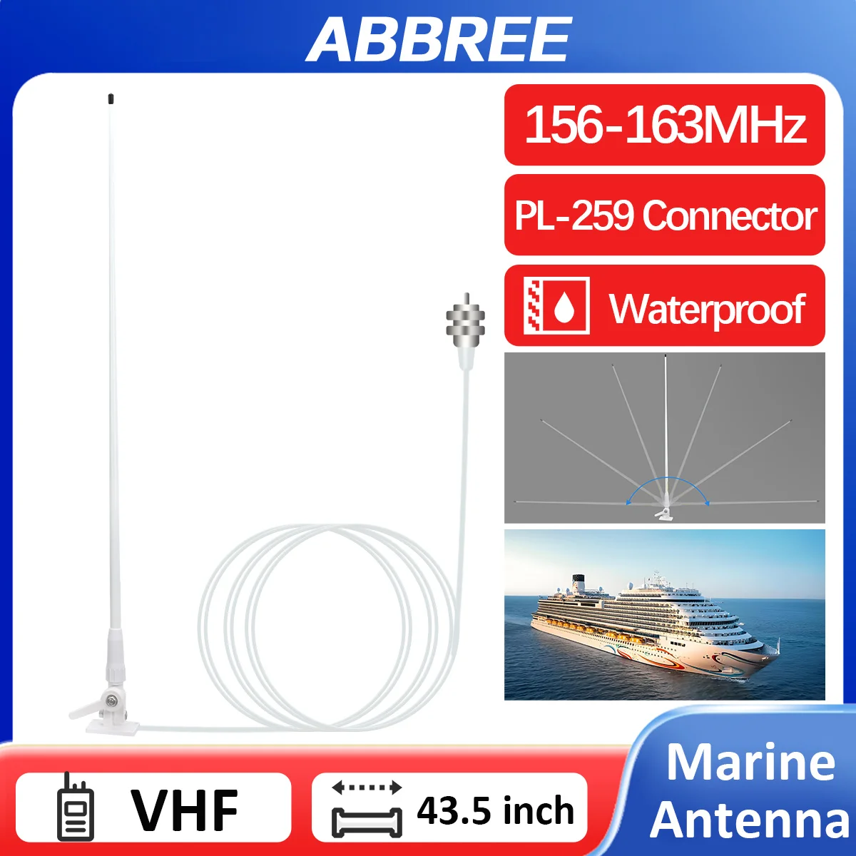 ABBREE 해양 안테나 VHF 156-163MHz PL259 유리섬유 RG58 케이블 방수 43.5인치 보트 요트 무전기용