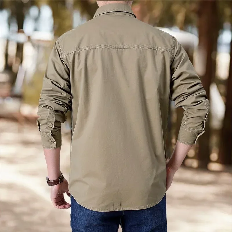 Long Sleeve Cargo Sweatshirts Men Clothing Retro Spring Autumn Casual Turn Down Collar Shirts Male Camisa Militar Overshirt