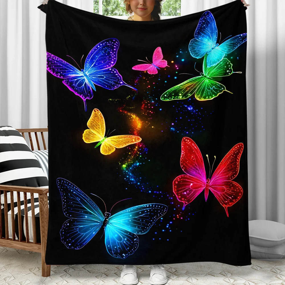 Glowing rainbow butterflies on black background magical night sky design soft flannel blanket fantasy insect art home decorthrow