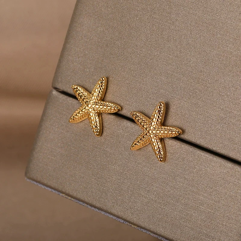 Vintage Summer Starfish Stainless Steel Stud Earrings For Women Simple Star Shell Earrings Stud Ocean Party Jewelry Gift 2024