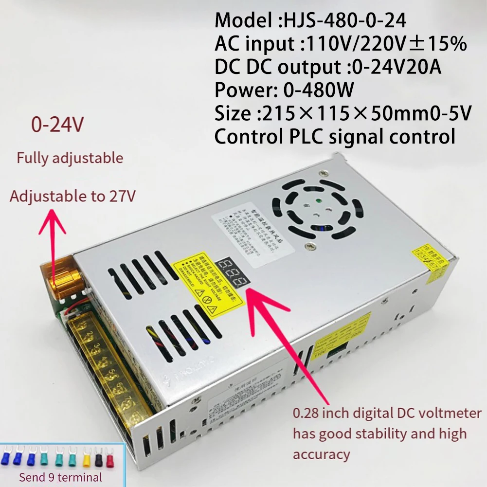 مفتاح إمداد الطاقة العملي ينظم تيار مستمر تحويل شاشة ديجيتال فضية HJS-480-0-24 مصدر طاقة 20A 480 واط #3
