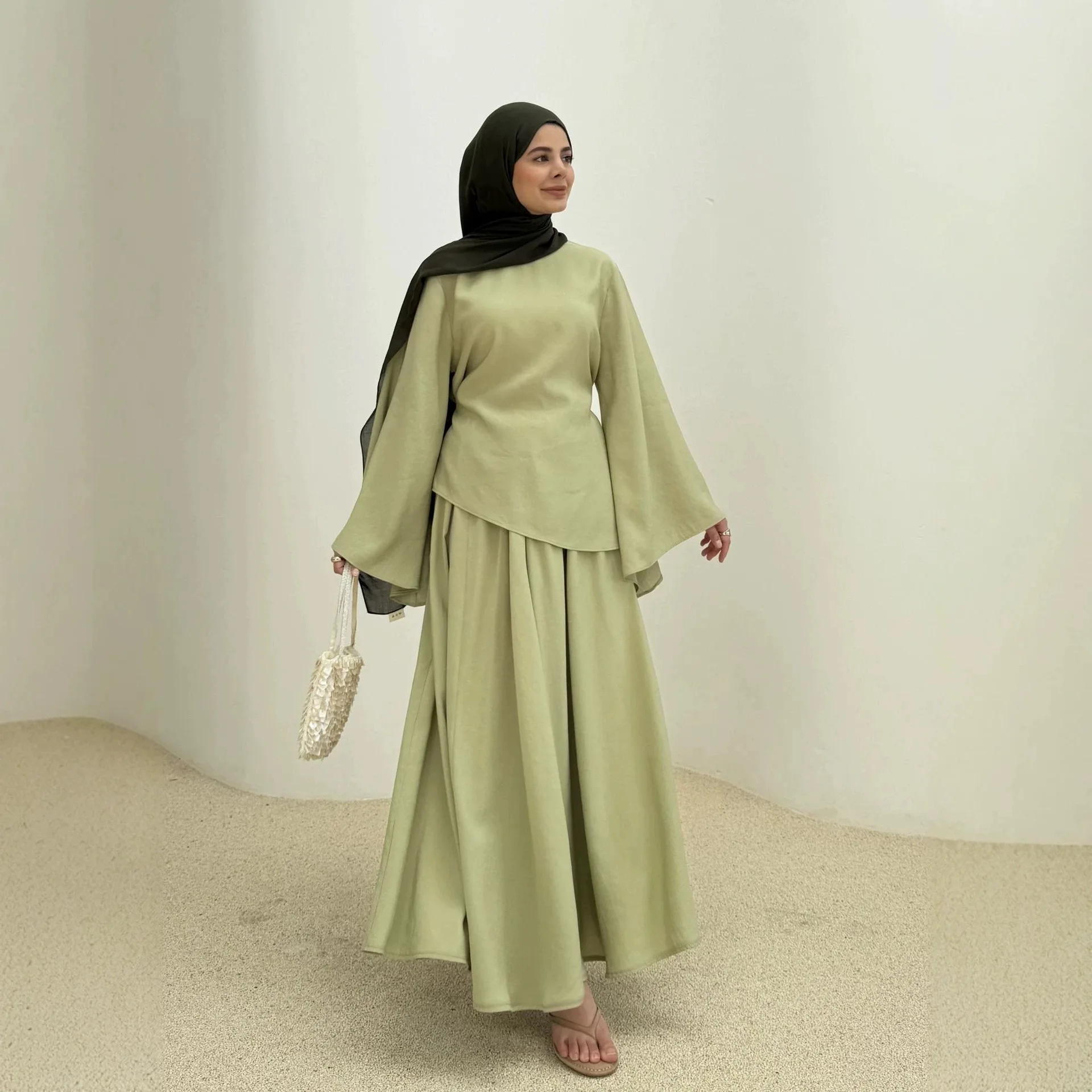 Women Skirt Suit Eid Muslim Top Skirts 2 Piece Set Ramadan Blouse Ensemble Sashes Morocco Dubai Islam Arabic Casual Outfits