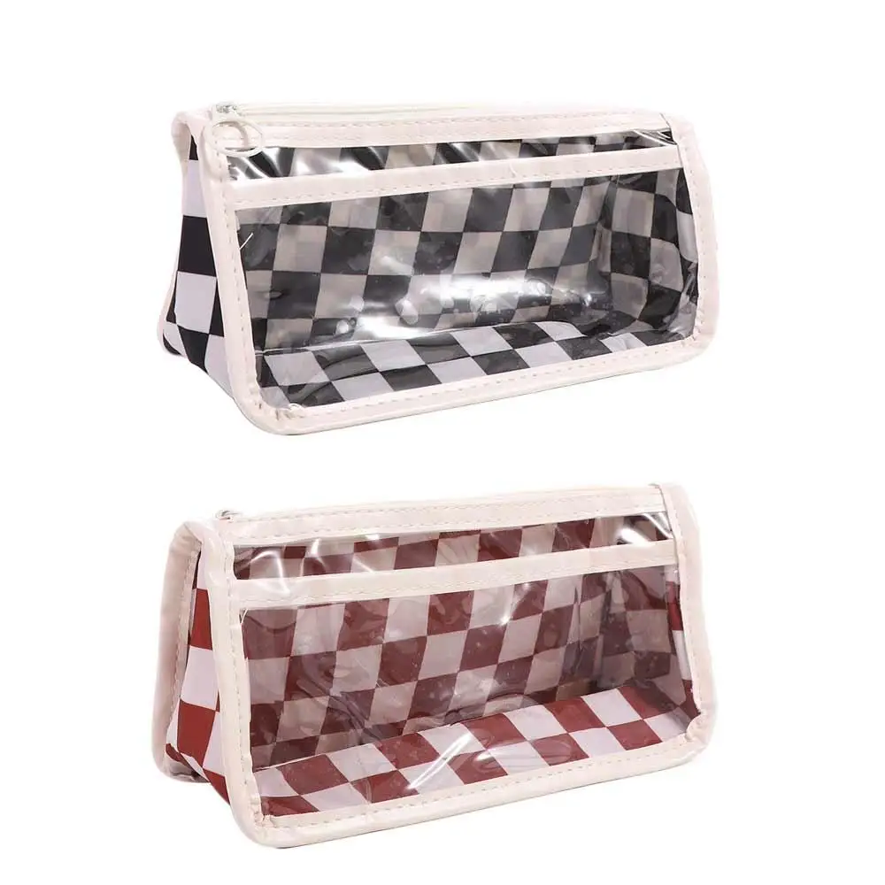 Kawaii Checkerboard Pattern Pen Case Transparent Waterproof Storage Pouch Lattice Design Pencil Bags Stationery Organizer