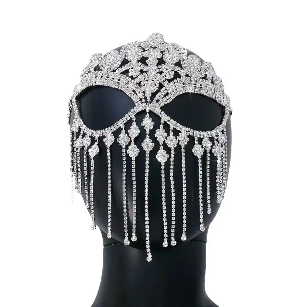 Fashion Retro Masquerade Mask Luxury Shiny Veil Mask Full Face Face Chain Bohemian Style Tassel Mask for Women