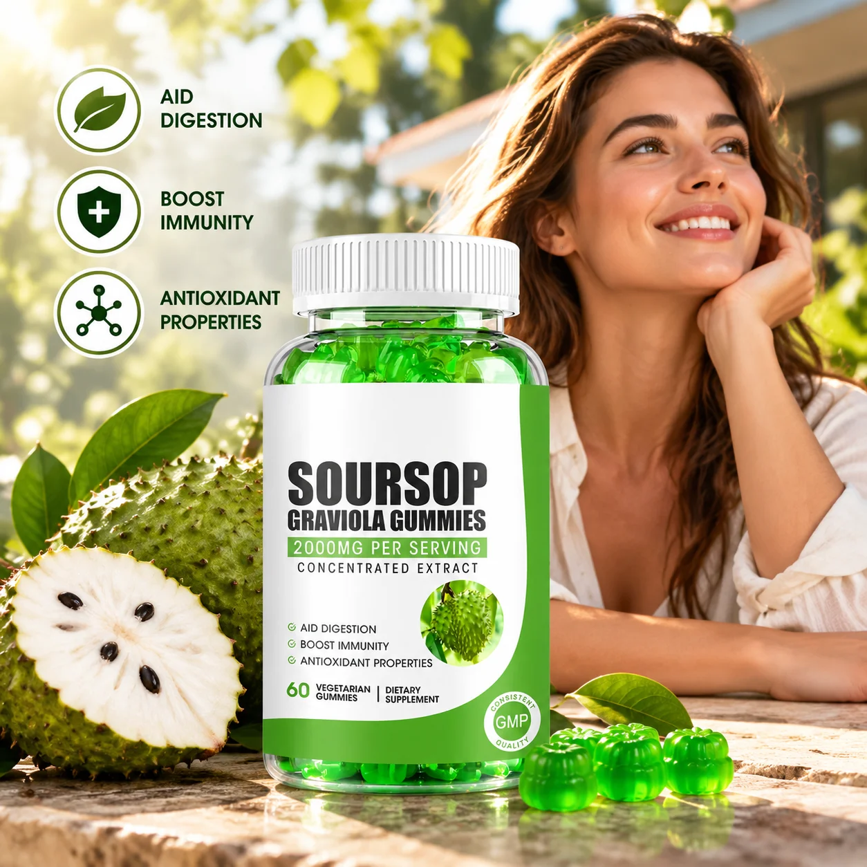 Soursop Graviola Gummies 2000mg 60 Count Concentrated Extract Vegetarian Botanical Supplement