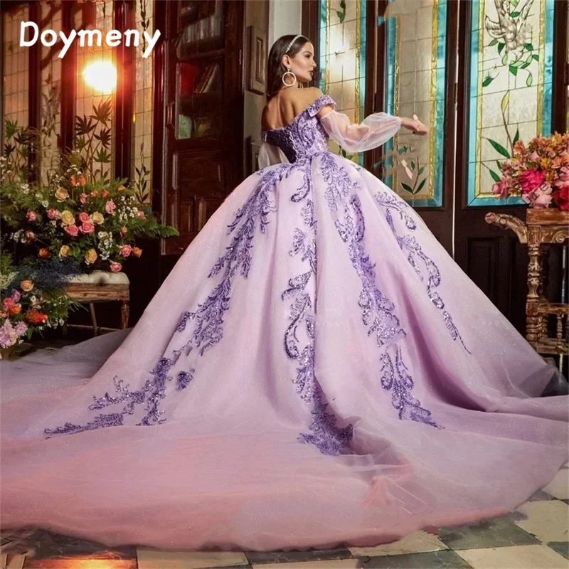 Doymeny Off Shoulder Appliques Quinceanera Dress Puffy Long Sleeve Sweep Tulle Evening Dress Prom Gown vestidos de noche