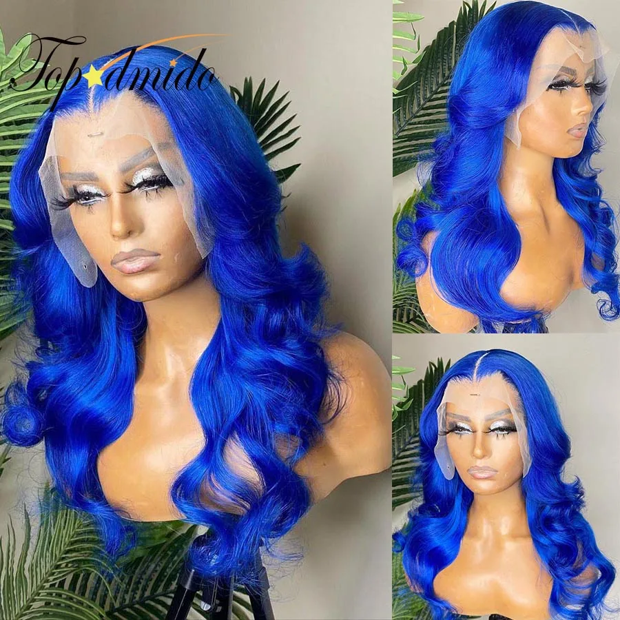 

Topodmido Blue Color Body Wave 13x6 Lace Front Wig with Middle Part Peruvian Hair 4x4 Lace Closure Wig 13x4 Human Hair Lace Wigs