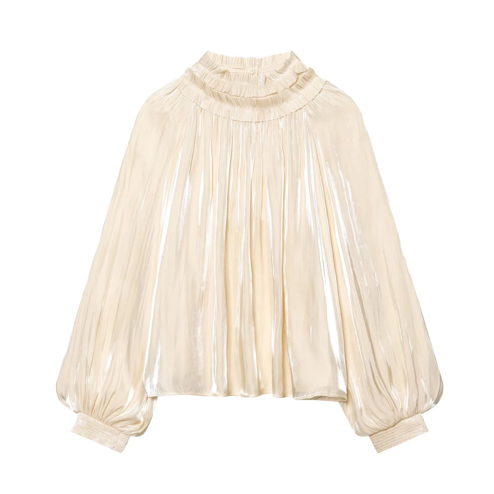 Spring new women's casual style layered decoration stand collar long sleeved shiny silk texture shirt