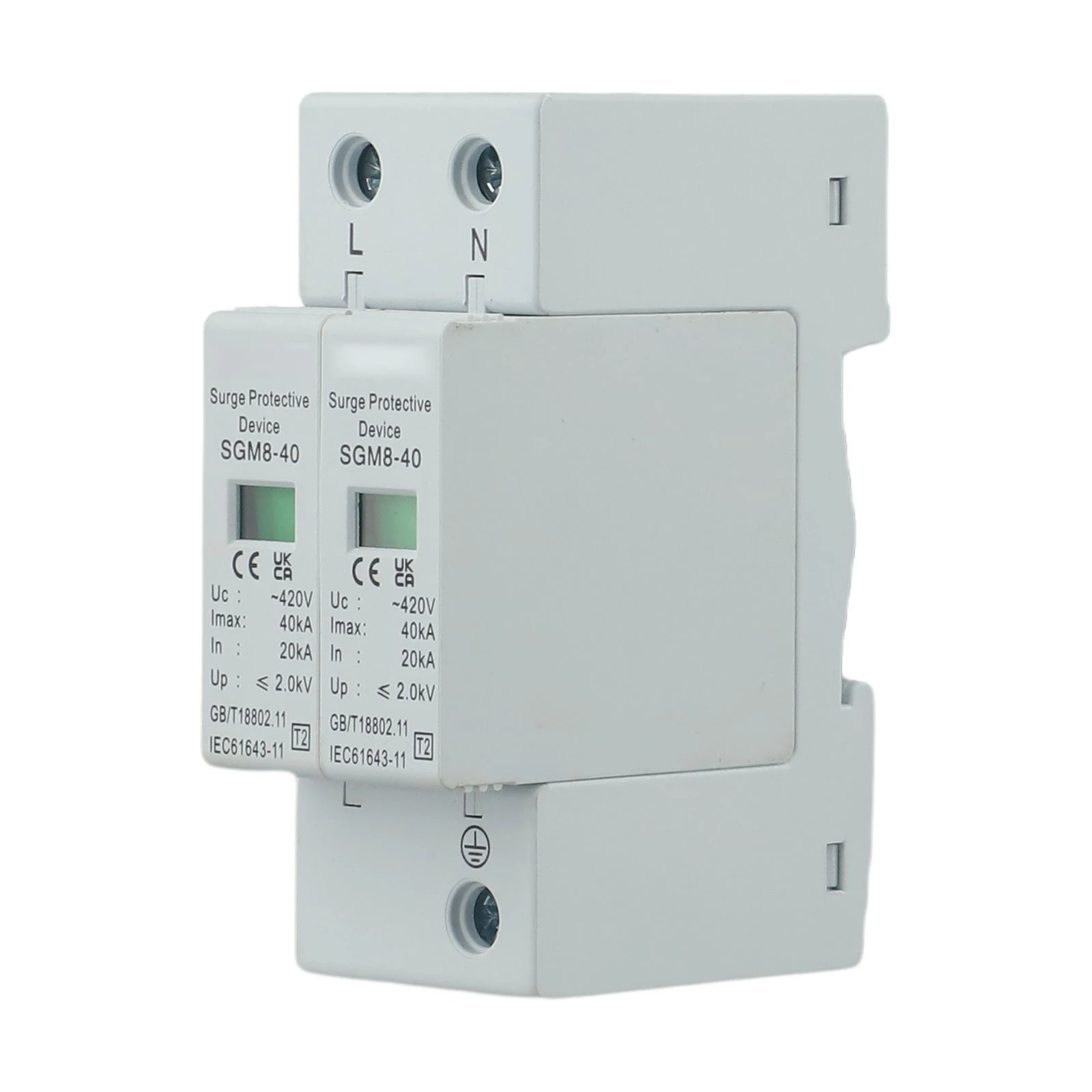 2P Unit with 420VAC Voltage Rating 20KA Nominal Discharge Current and 40KA Maximum Discharge Capacity for DIN Rail Mounting