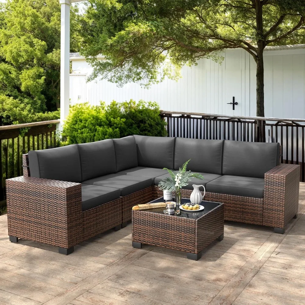 Outdoor Furniture Set, Wicker Sofa Sets with Glass Top Table and Waterproof Covers, 6-Piece Outdoor Sectional Furniture Set