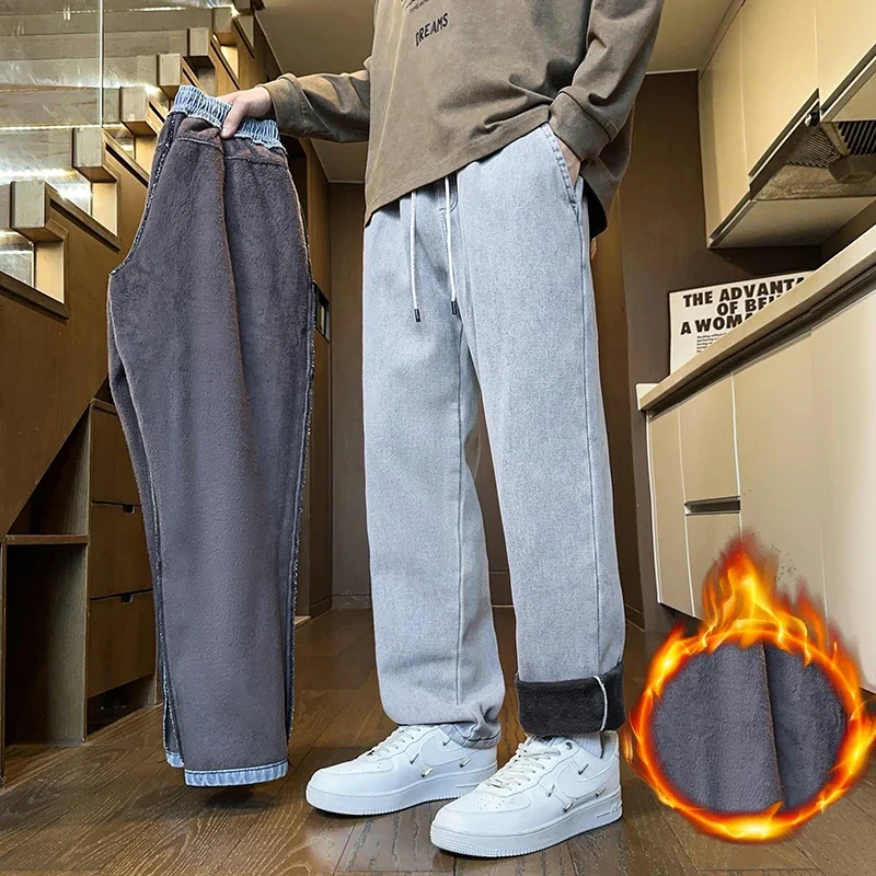 

Зимние флисовые мужские прямые джинсы, толстые модные теплые однотонные брюки, классические бархатные свободные джинсовые брюки, мужские S-5XL