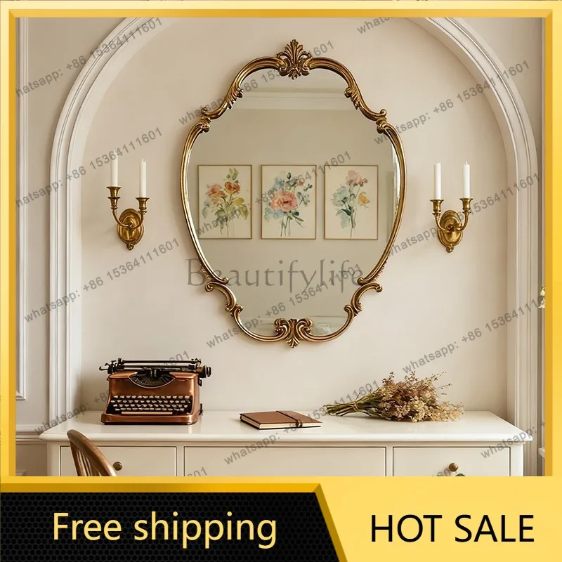 LS French retro smart makeup mirror wall-mounted bathroom European dining room decorative mirror with lamp