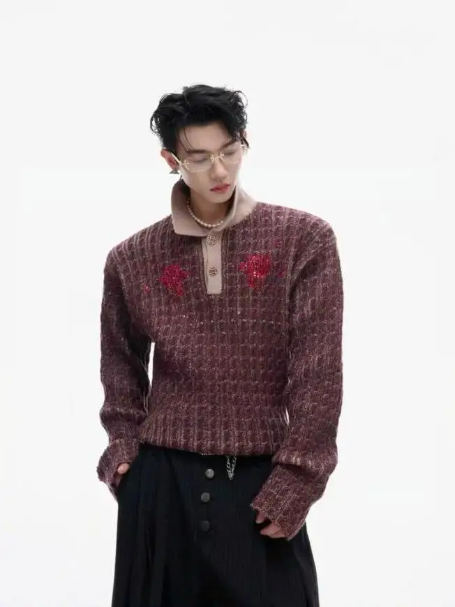 

Цветной блуз в стиле ретро, вязаный свитер с воротником с блестками и бриллиантами на пуговицах, облегающий крой, модный молодежный осенний длинный све