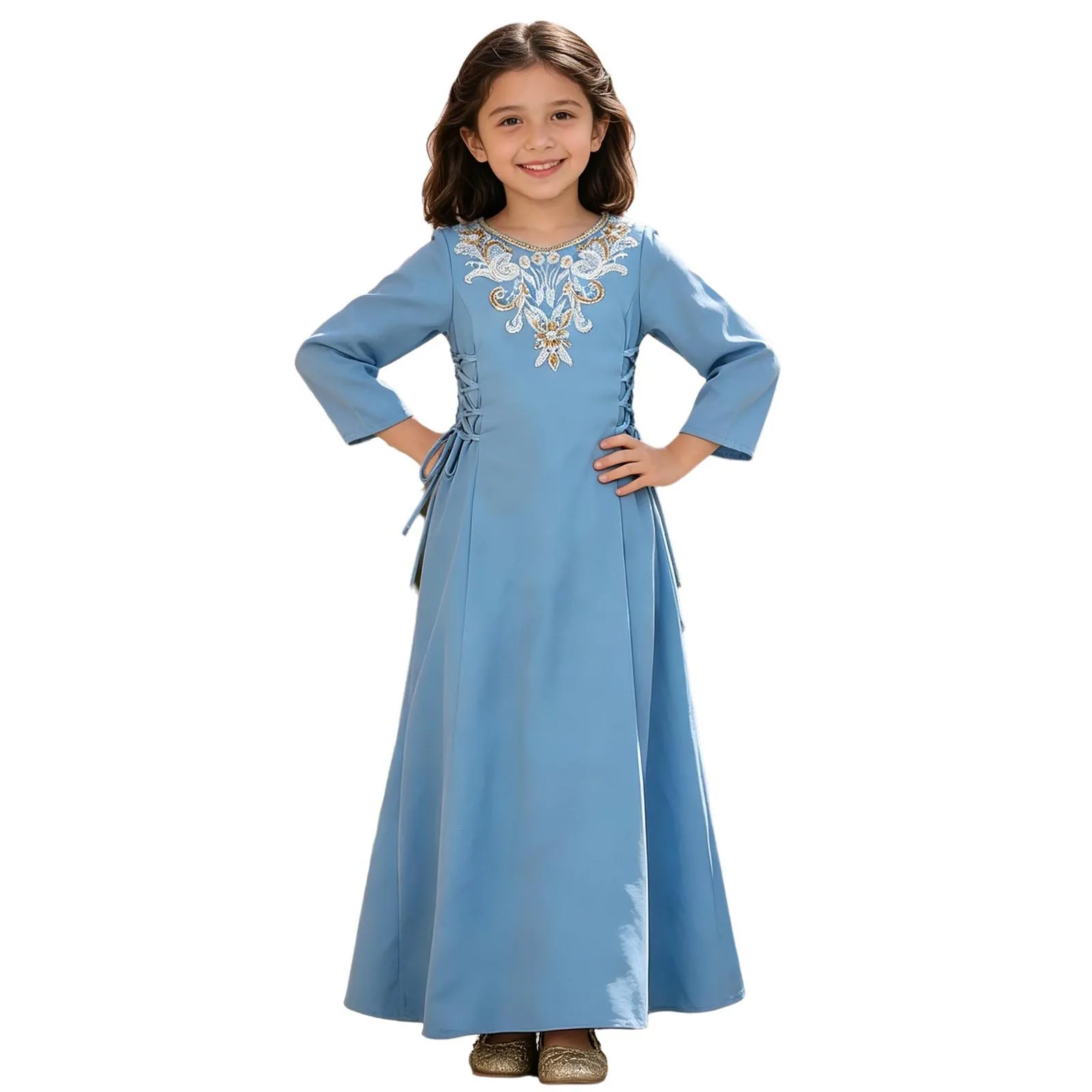 Vestido Abaya Islâmico para Meninas com Bordado Floral e Mangas Longas, Vestido de Oração Islâmica com Laços Laterais para Festa de Ramadan