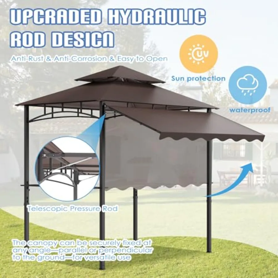 Outdoor BBQ Gazebo, 8x8 Ft Patio Grill Gazebos with Extra Adjustable Shadow, 2-Tier Grill Canopy with 2 Shelves 6 Hooks, Barbeq