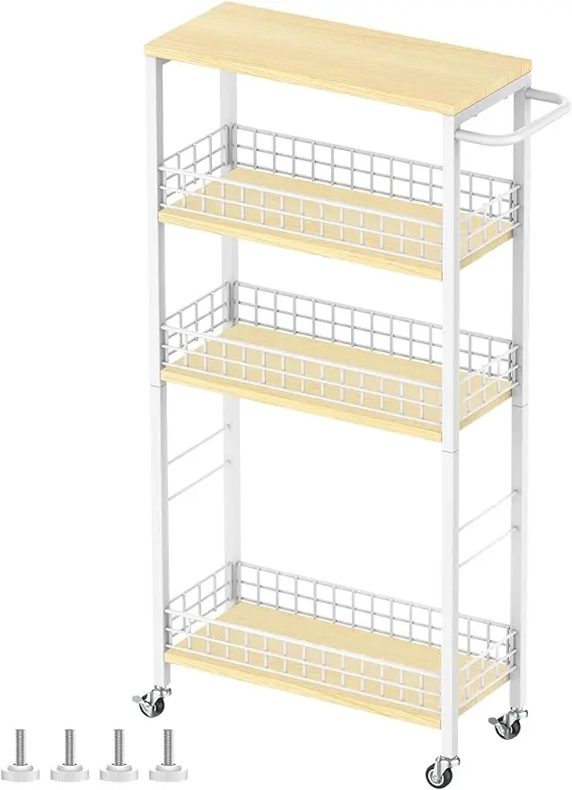 

Slim Storage Cart 4-Tier Rolling Kitchen Utility Cart White Narrow Slide Out Laundry Storage Cart on Wheels and Wood Table Top