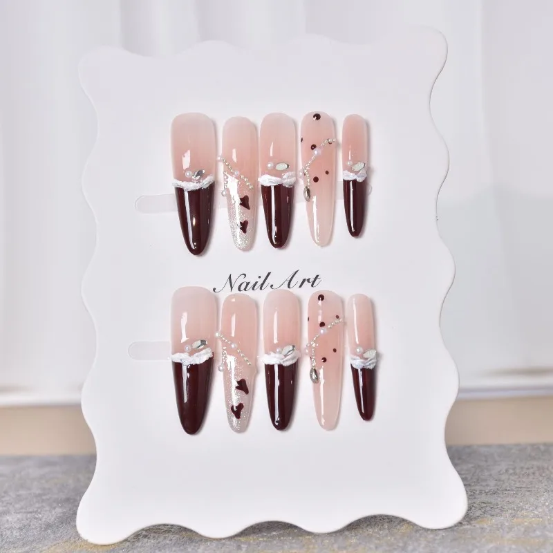 

10 Pcs 2026 Winter Nail Art French Deep Red Reusable False Nails Artificial Nails for Sticking Press on Nails with Box and Tools