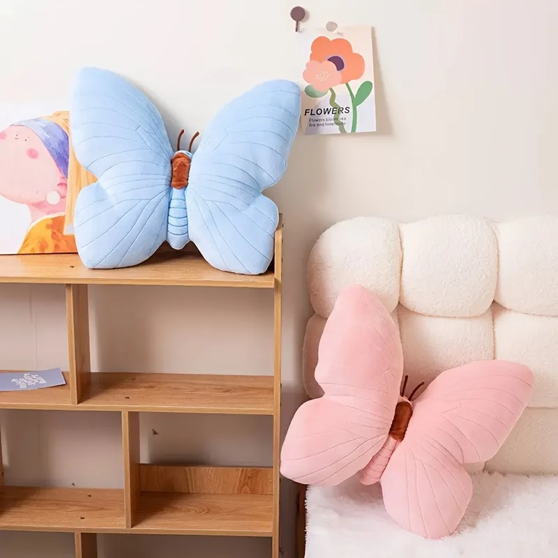

1pc Soft Light Blue Pink Butterfly Pillow Plush Cushion Brown Accents Home Decor Sofa Seating Cozy Nights Bedroom Gift Valentine