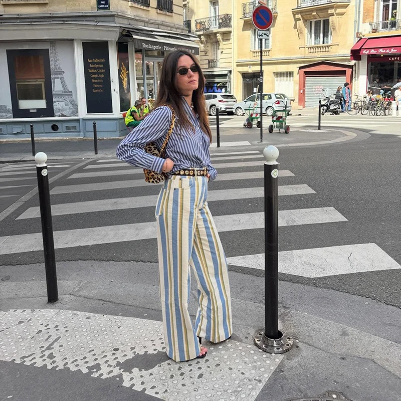 Casual Stripe Contrast Women's Pants Loose Zipper Button Pocket Wide Leg Female Pant 2026 Spring Summer Lady All-match Trousers